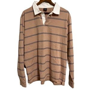 Men's Cotton On Loose Fit Nude & Black Striped Polo Shirt with White Collar